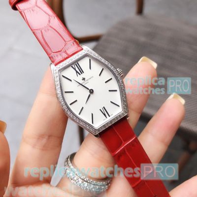 Swiss Grade Vacheron Constantin Watch Red Leather Strap Diamond Bezel